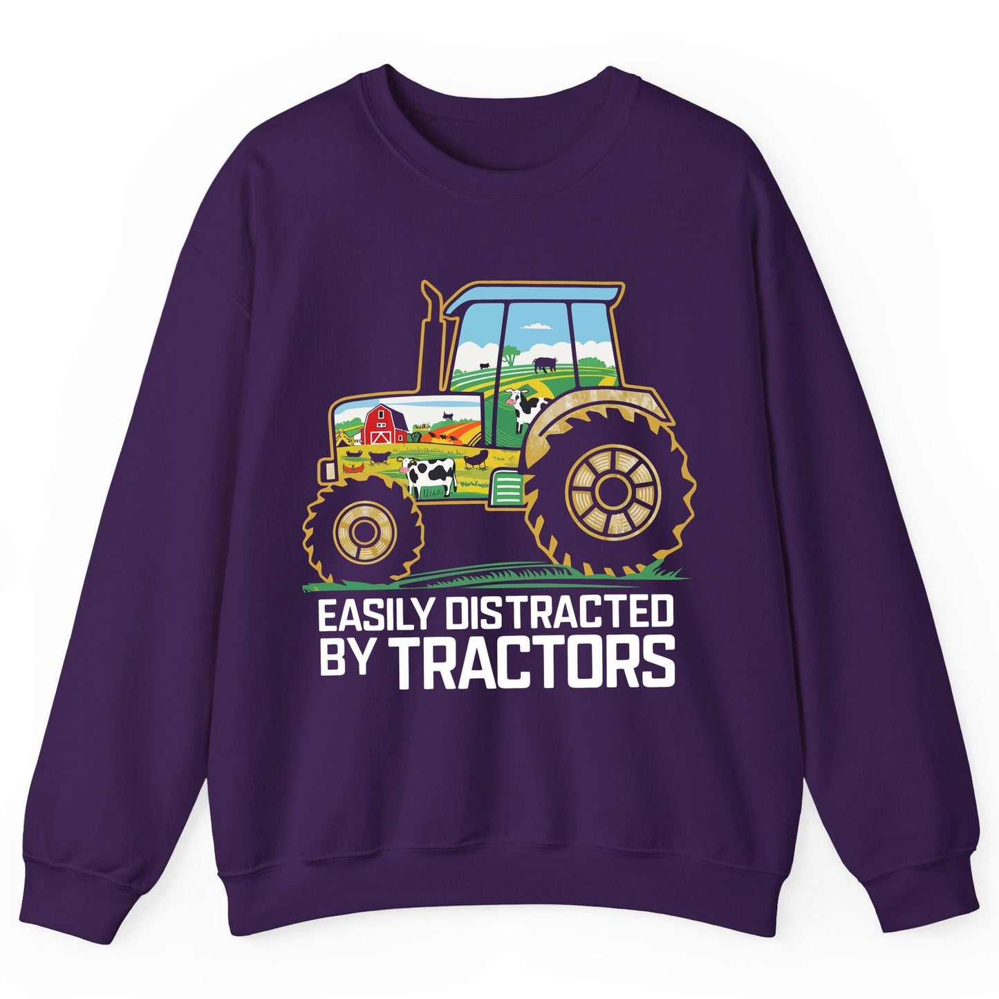 Easily Distracted by Tractors farming Sweatshirt Purple product mockup