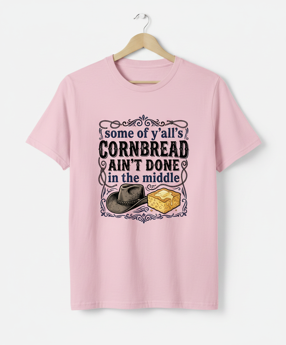 Cornbread Ain't Done In The Middle Funny Southern Quote T-Shirt - Light Pink