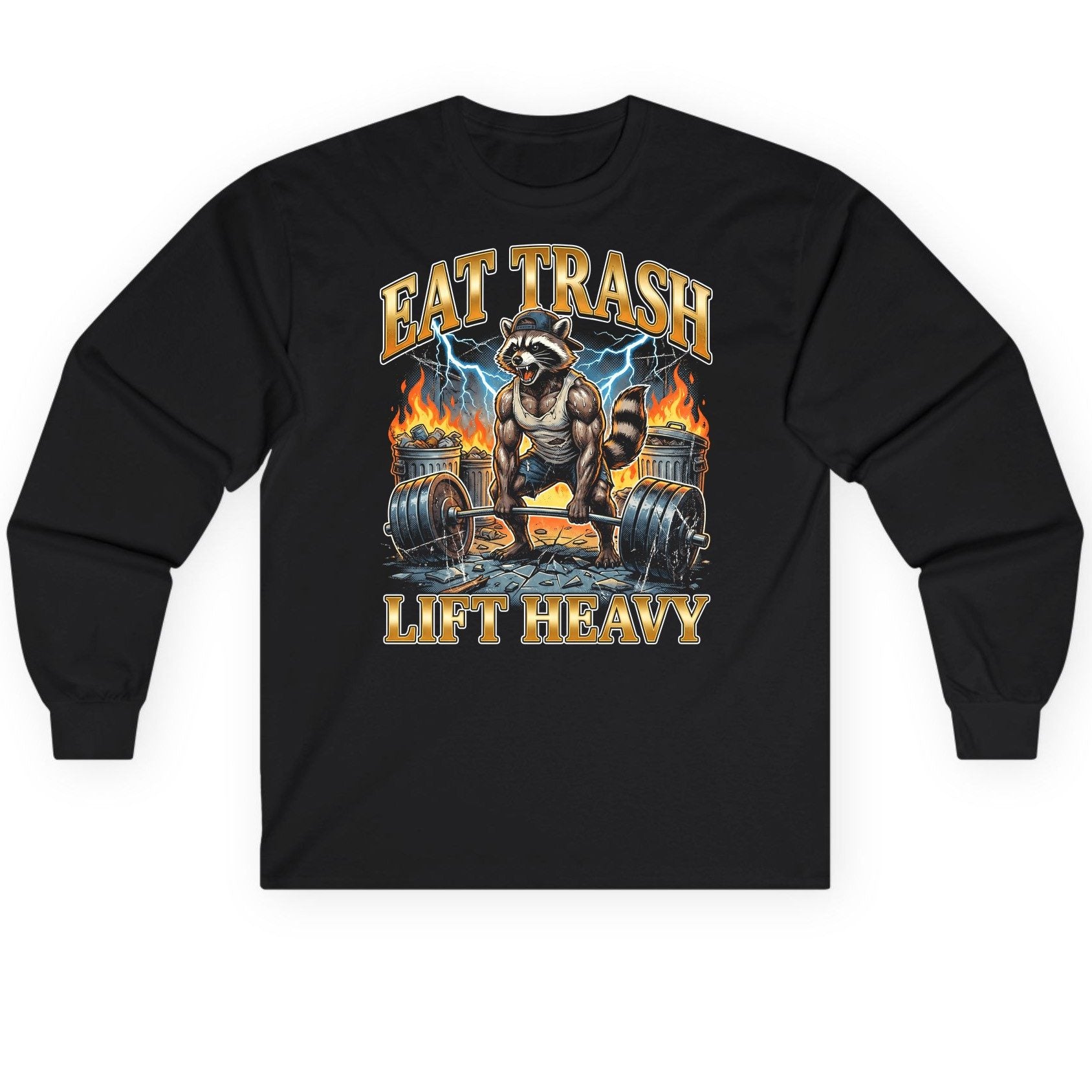 Eat Trash Lift Heavy raccoon Long Sleeve Tee Black product mockup