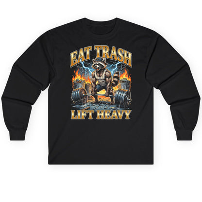 Eat Trash Lift Heavy raccoon Long Sleeve Tee Black product mockup