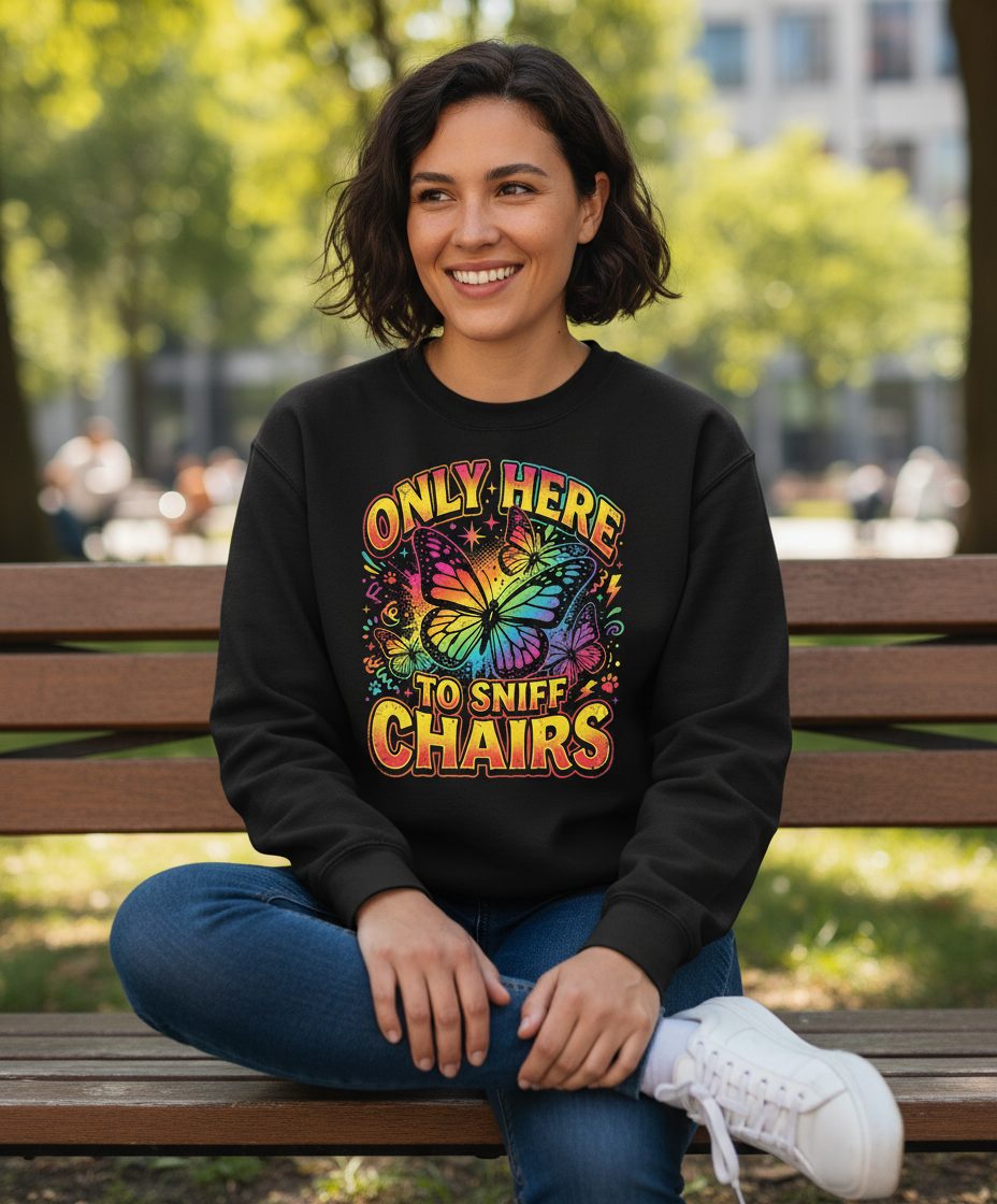 ONLY HERE TO SNIFF CHAIRS Funny Meme Sweatshirt - lifestyle model mockup - Black