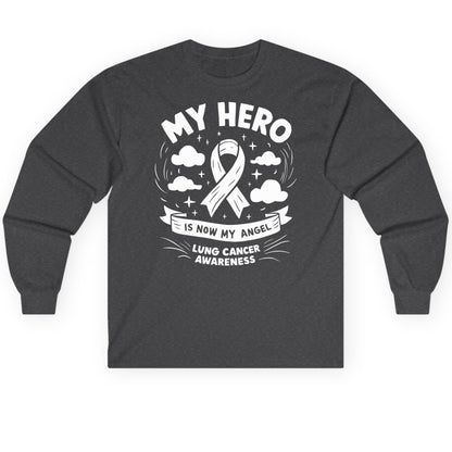 My Hero Is Now My Angel Lung Cancer Awareness lung cancer awareness Long Sleeve Tee Dark Heather product mockup