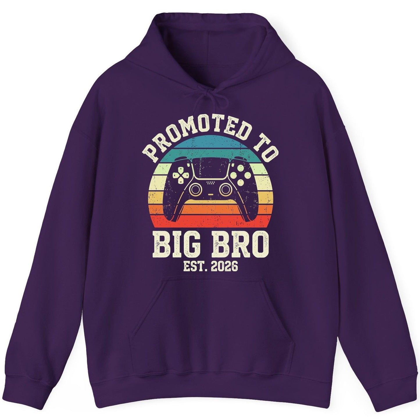 Promoted TO BIG BRO EST 2026 Retro Gaming Hoodie - product mockup - Purple