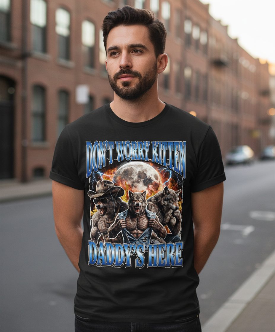 Don't Worry Kitten Daddy's Here werewolf T-Shirt Black lifestyle mockup