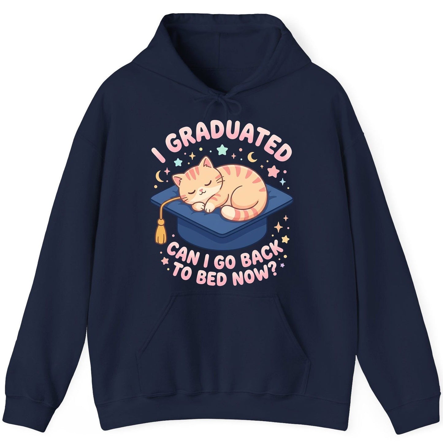 I Graduated CAN I GO BACK TO BED NOW Funny Graduation Cat Hoodie - product mockup - Navy