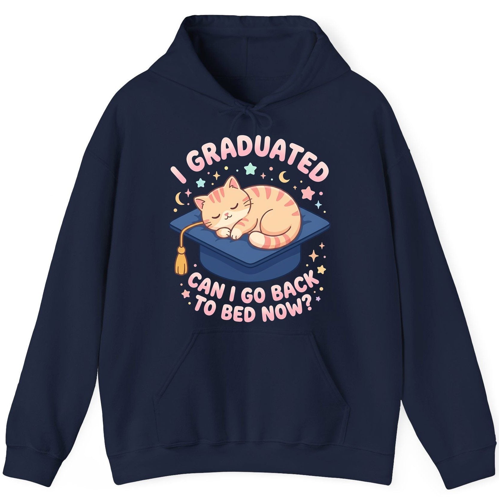 I Graduated CAN I GO BACK TO BED NOW Funny Graduation Cat Hoodie - product mockup - Navy