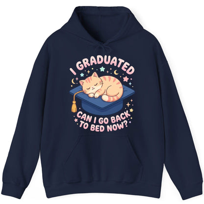 I Graduated CAN I GO BACK TO BED NOW Funny Graduation Cat Hoodie - product mockup - Navy