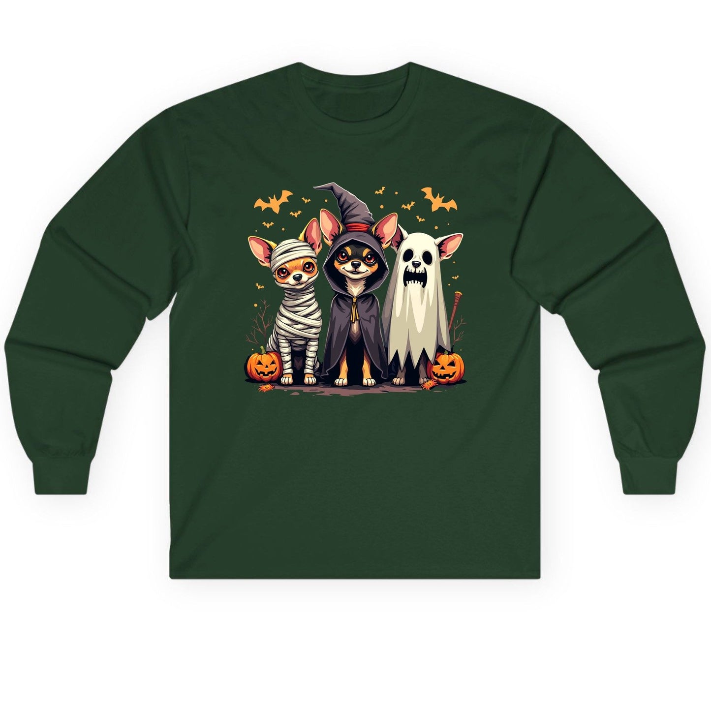 Chihuahua Halloween Costumes chihuahua dogs in Halloween costumes Long Sleeve Tee Forest Green product mockup