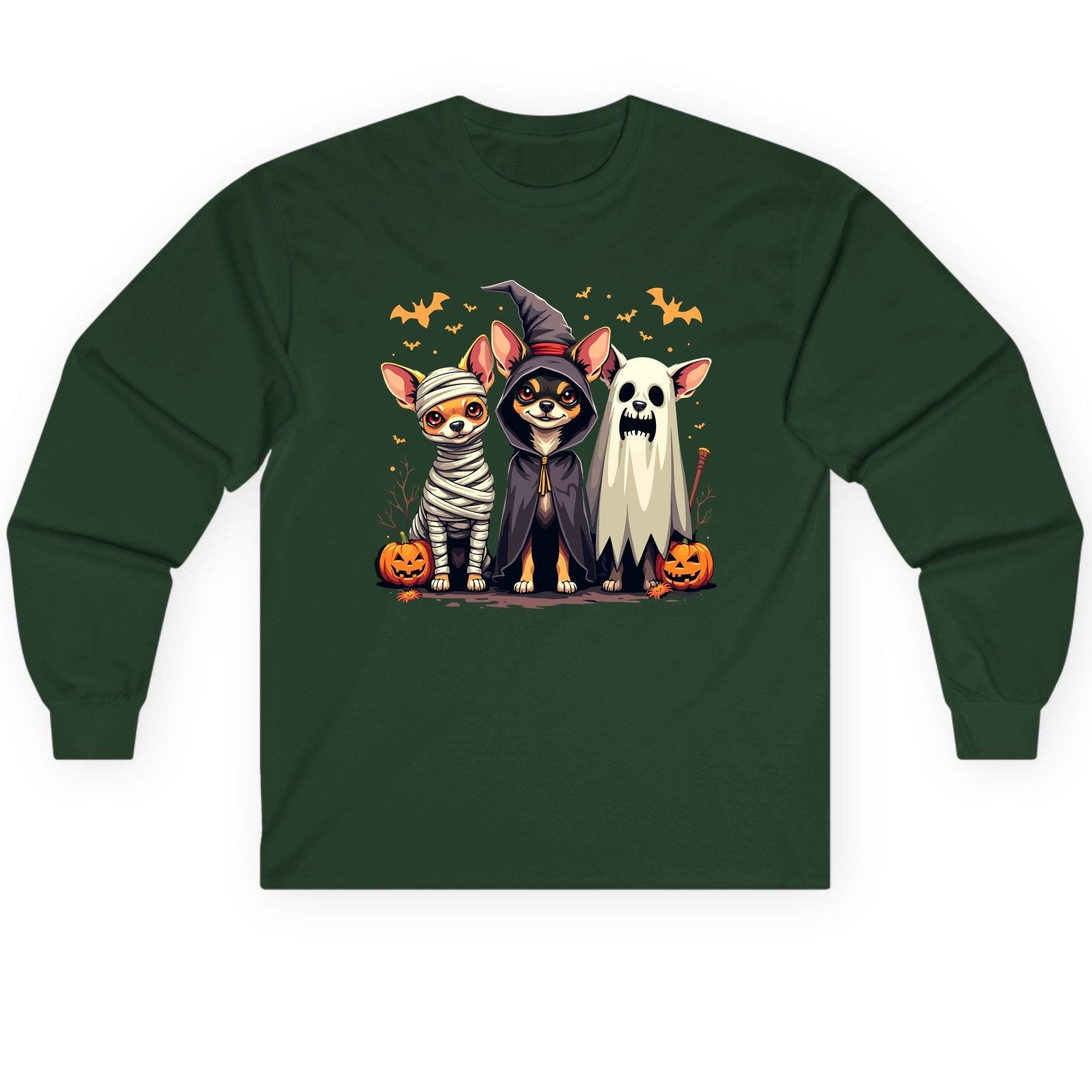 Chihuahua Halloween Costumes chihuahua dogs in Halloween costumes Long Sleeve Tee Forest Green product mockup