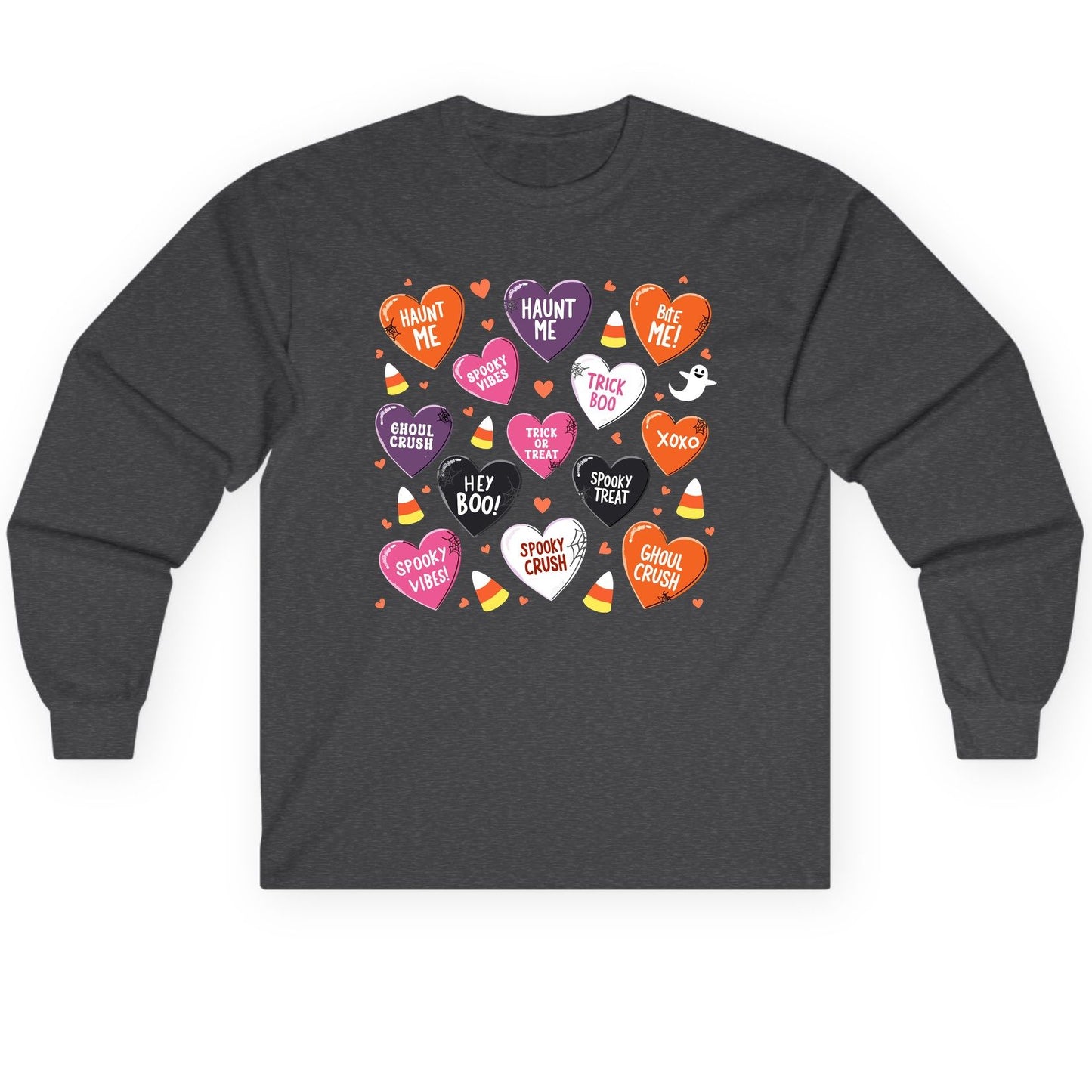 Spooky Halloween Conversation Hearts Halloween conversation hearts Long Sleeve Tee Dark Heather product mockup