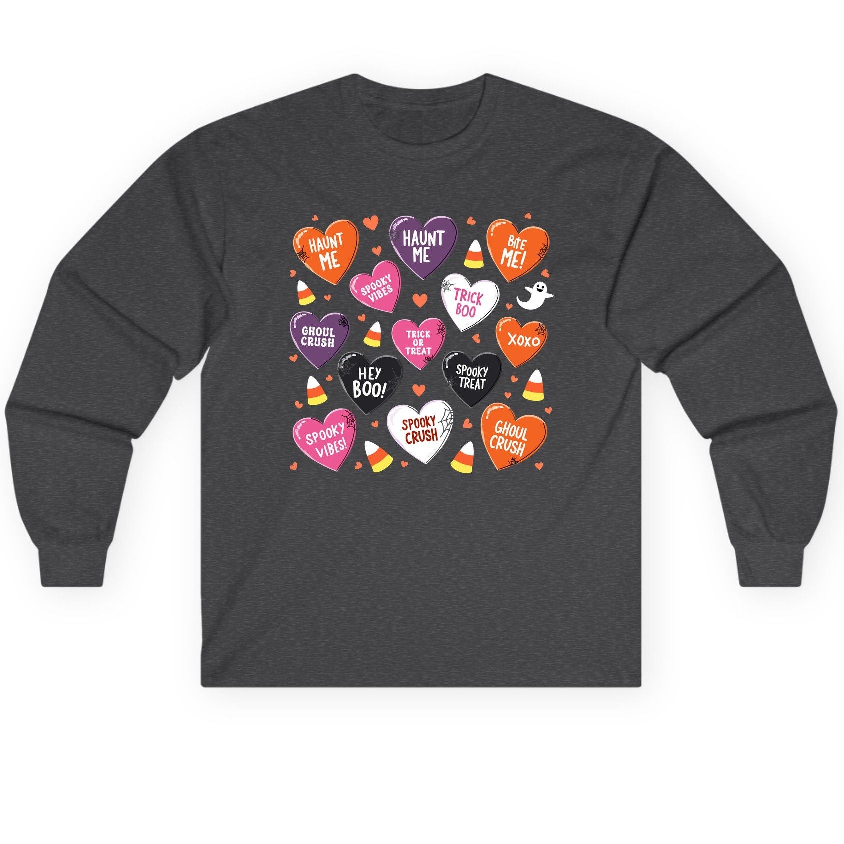 Spooky Halloween Conversation Hearts Halloween conversation hearts Long Sleeve Tee Dark Heather product mockup