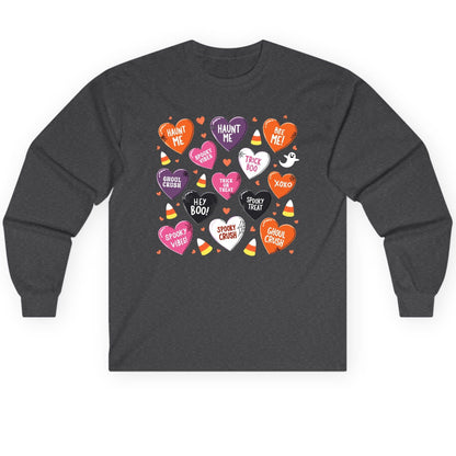 Spooky Halloween Conversation Hearts Halloween conversation hearts Long Sleeve Tee Dark Heather product mockup