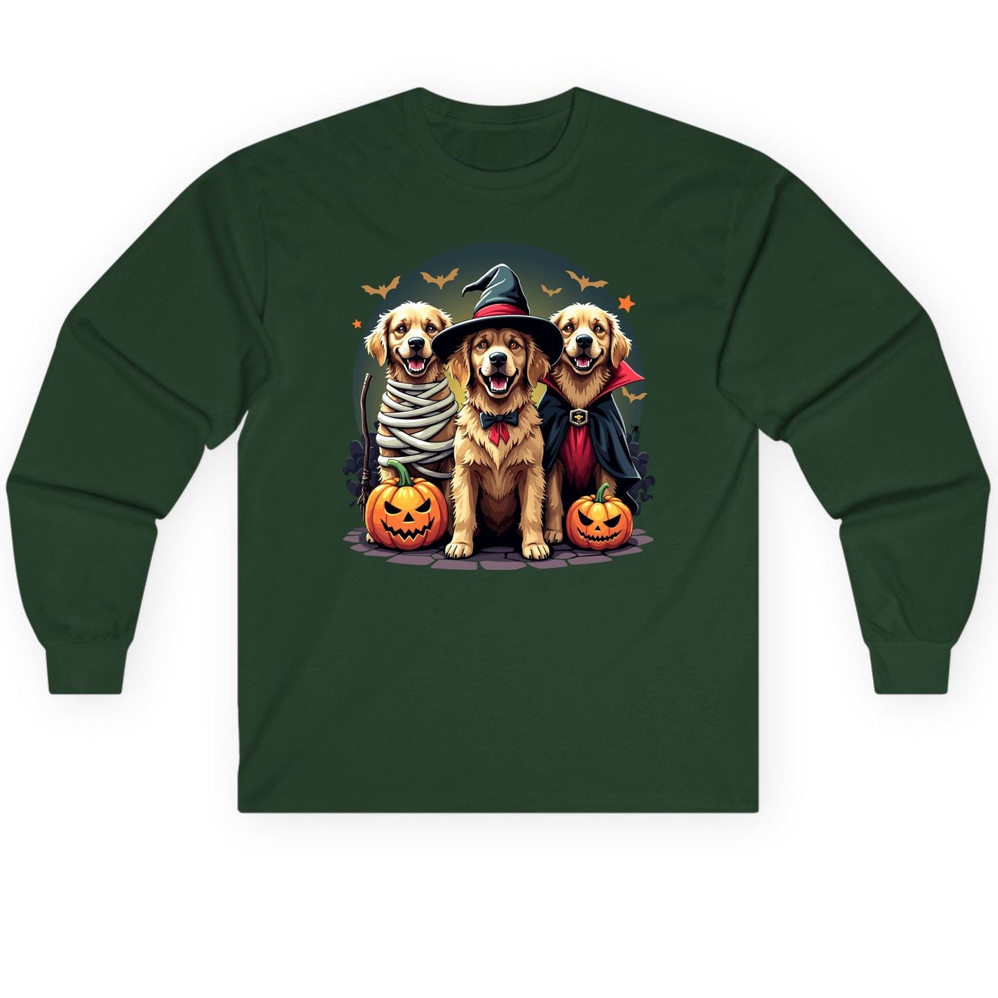 Golden Retriever Halloween Trio golden retriever Long Sleeve Tee Forest Green product mockup