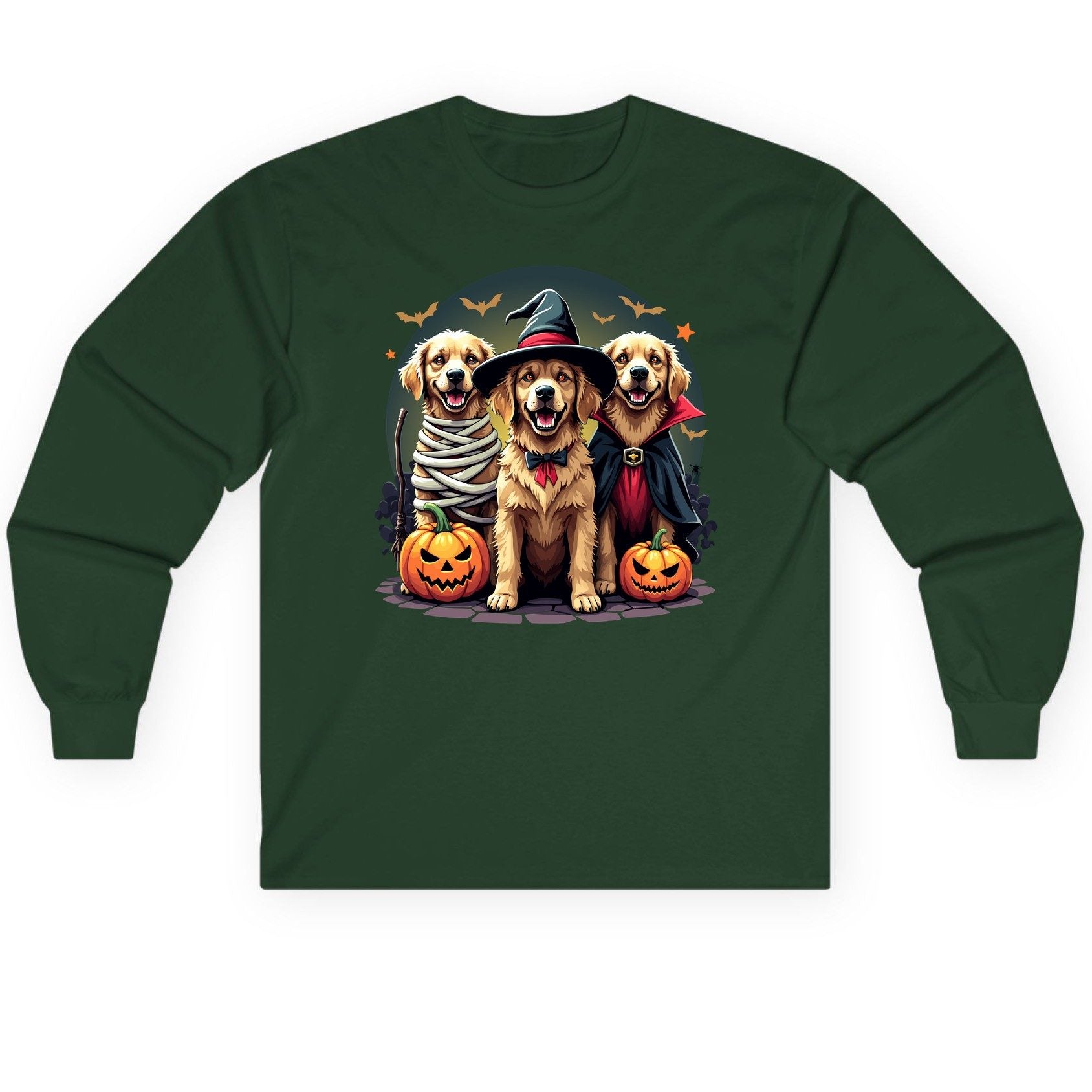Golden Retriever Halloween Trio golden retriever Long Sleeve Tee Forest Green product mockup