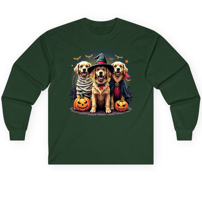 Golden Retriever Halloween Trio golden retriever Long Sleeve Tee Forest Green product mockup