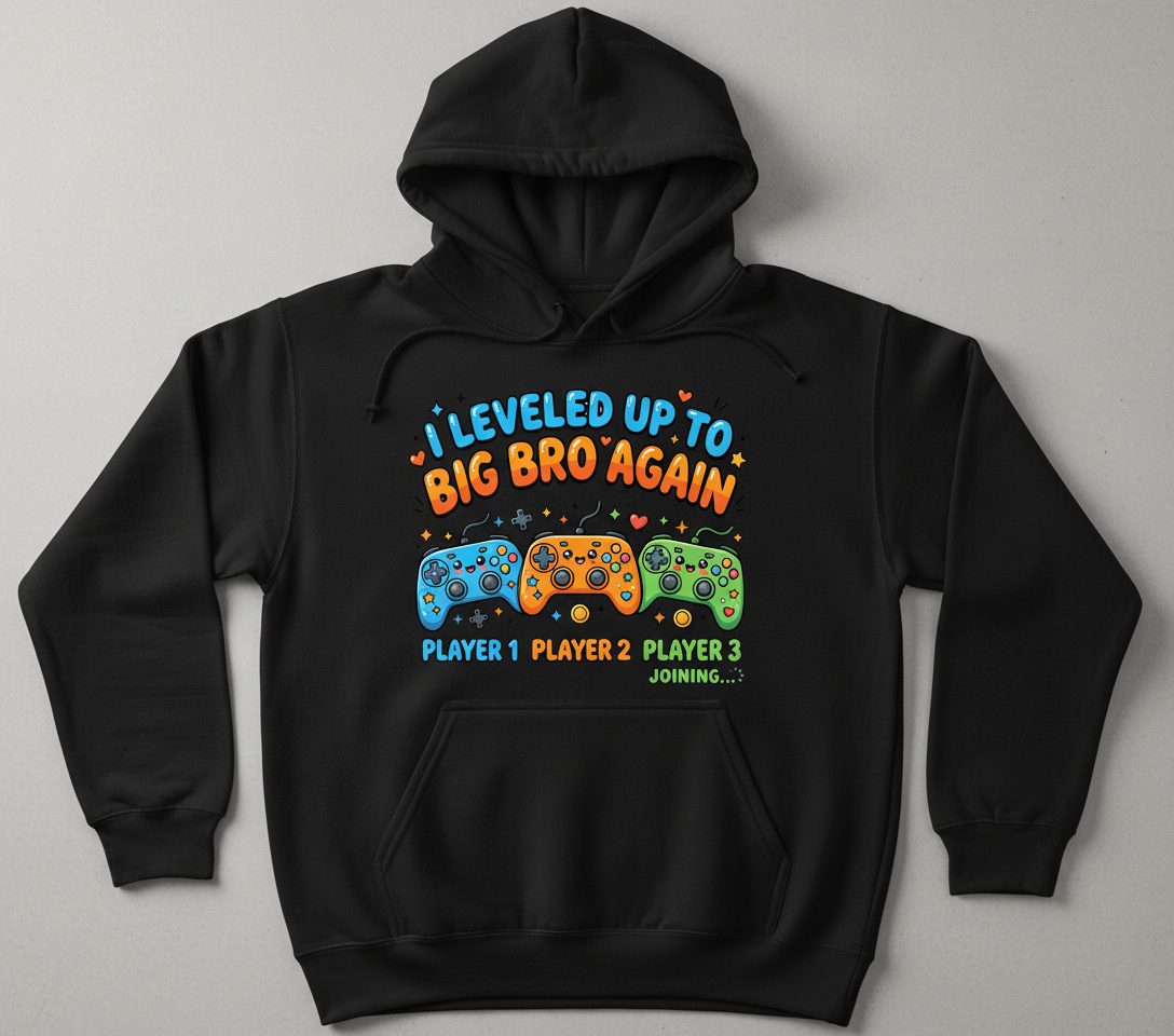 I Leveled UP TO BIG BRO AGAIN Brother Announcement Hoodie - product mockup - Black