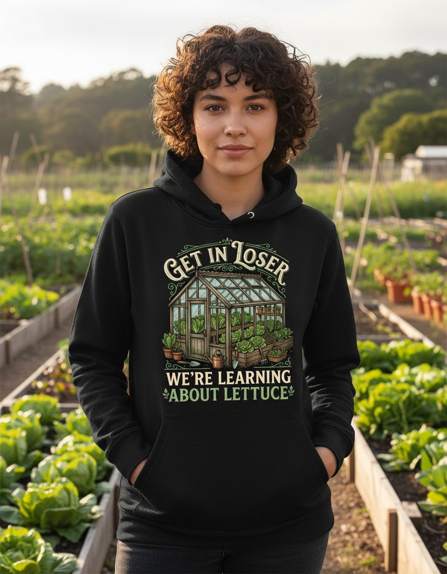GET IN LOSER WE'RE Learning ABOUT Lettuce Funny Gardening Hoodie - lifestyle model mockup - Black