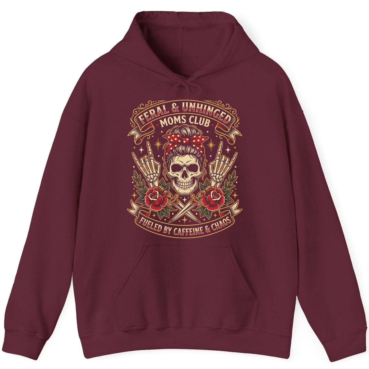 Feral & Unhinged Moms Club Fueled by Caffeine & Chaos Hoodie - product mockup - Maroon