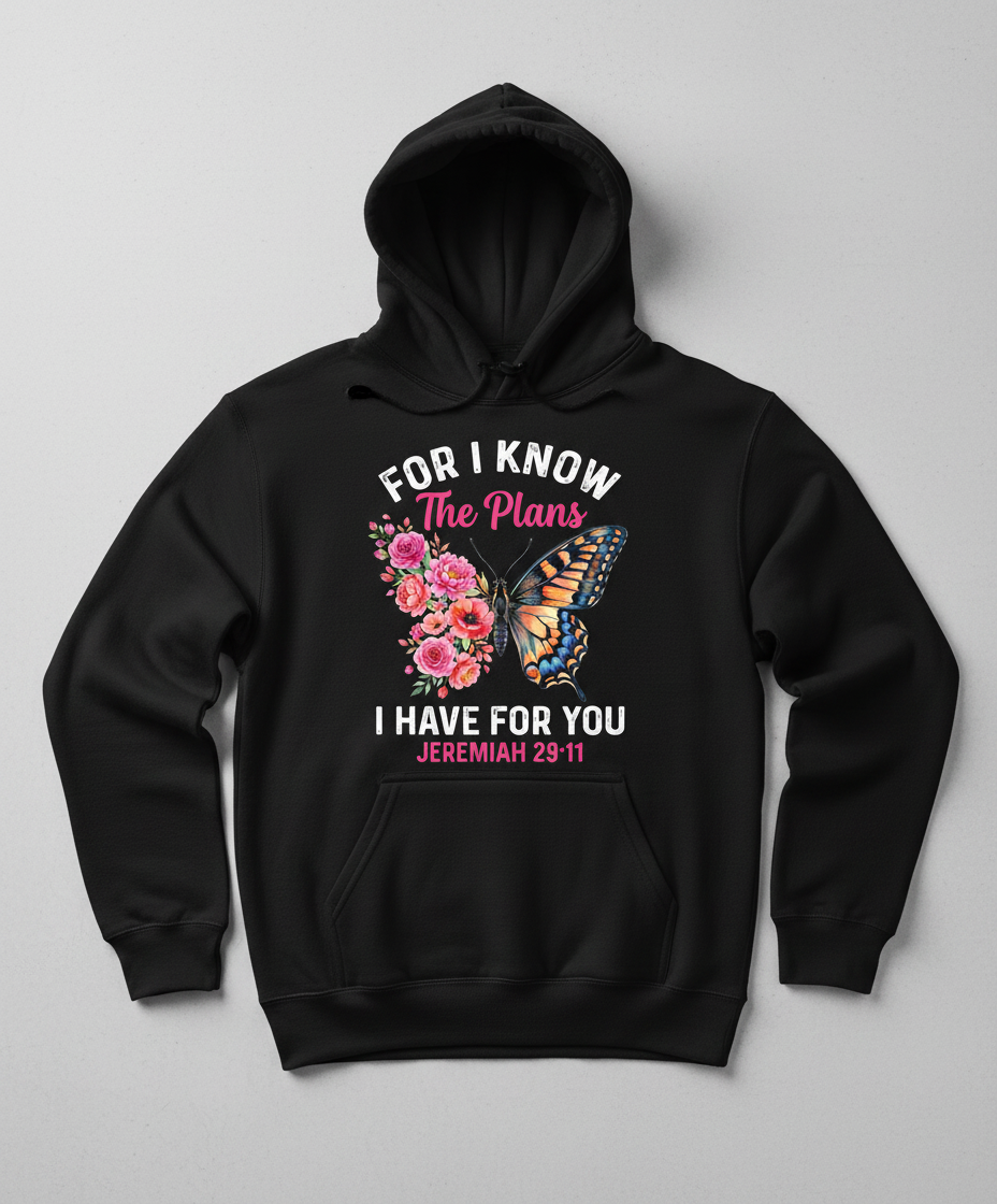 Jeremiah 29:11 Butterfly Floral Christian Verse Hoodie - Black