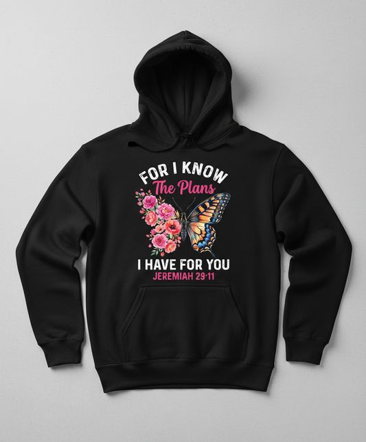 Jeremiah 29:11 Butterfly Floral Christian Verse Hoodie - Black