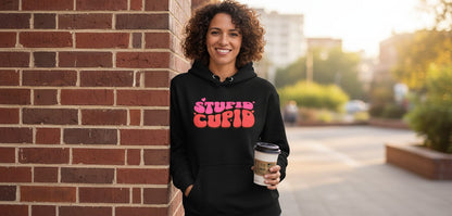 Stupid Cupid anti-Valentine's Day Hoodie Black lifestyle mockup