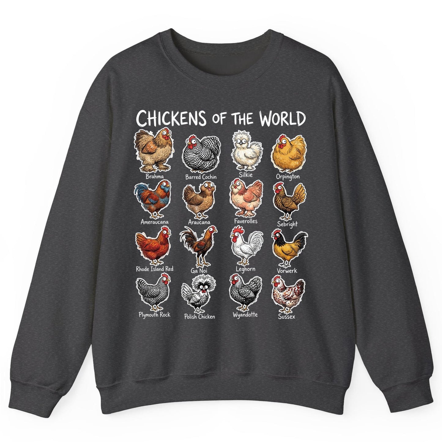 Chickens of the World chicken breeds Sweatshirt Dark Heather product mockup