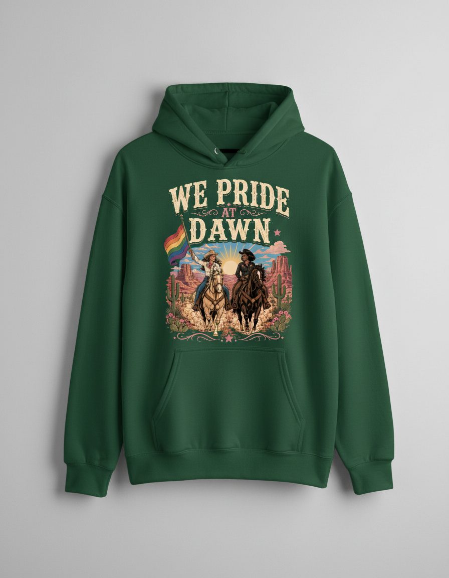 We Pride at Dawn Retro Lgbtq Hoodie - product mockup - Forest Green