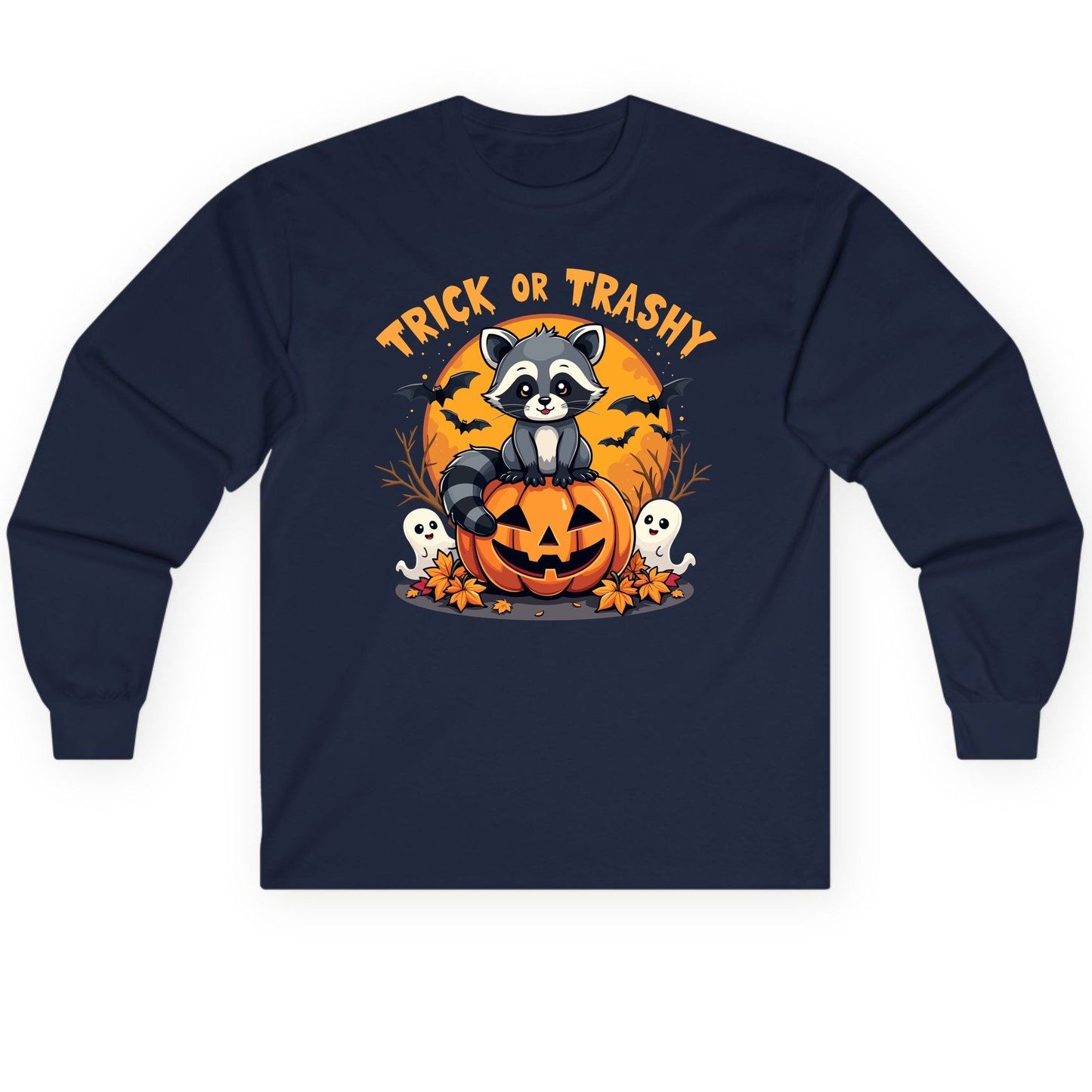 Trick or Trashy raccoon Long Sleeve Tee Navy product mockup