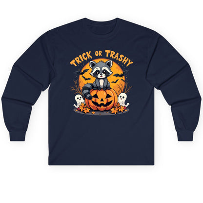 Trick or Trashy raccoon Long Sleeve Tee Navy product mockup