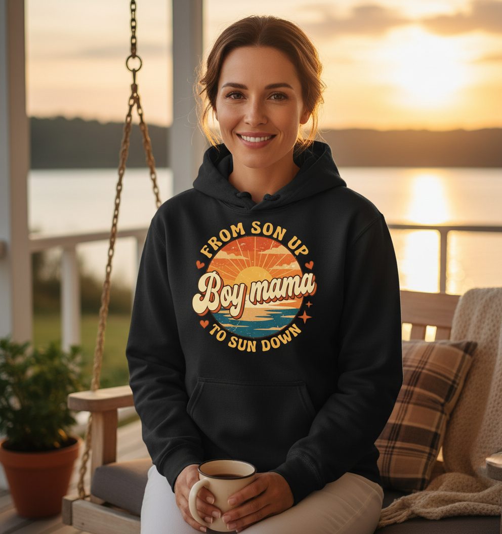 From Son Up to Sun Down Boy Mama Retro Mothers of Sons Hoodie - lifestyle model mockup - Black