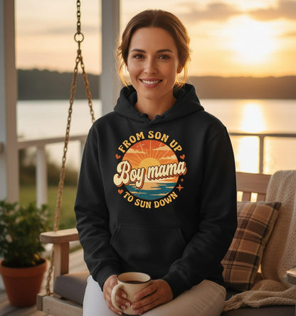 From Son Up to Sun Down Boy Mama Retro Mothers of Sons Hoodie - lifestyle model mockup - Black