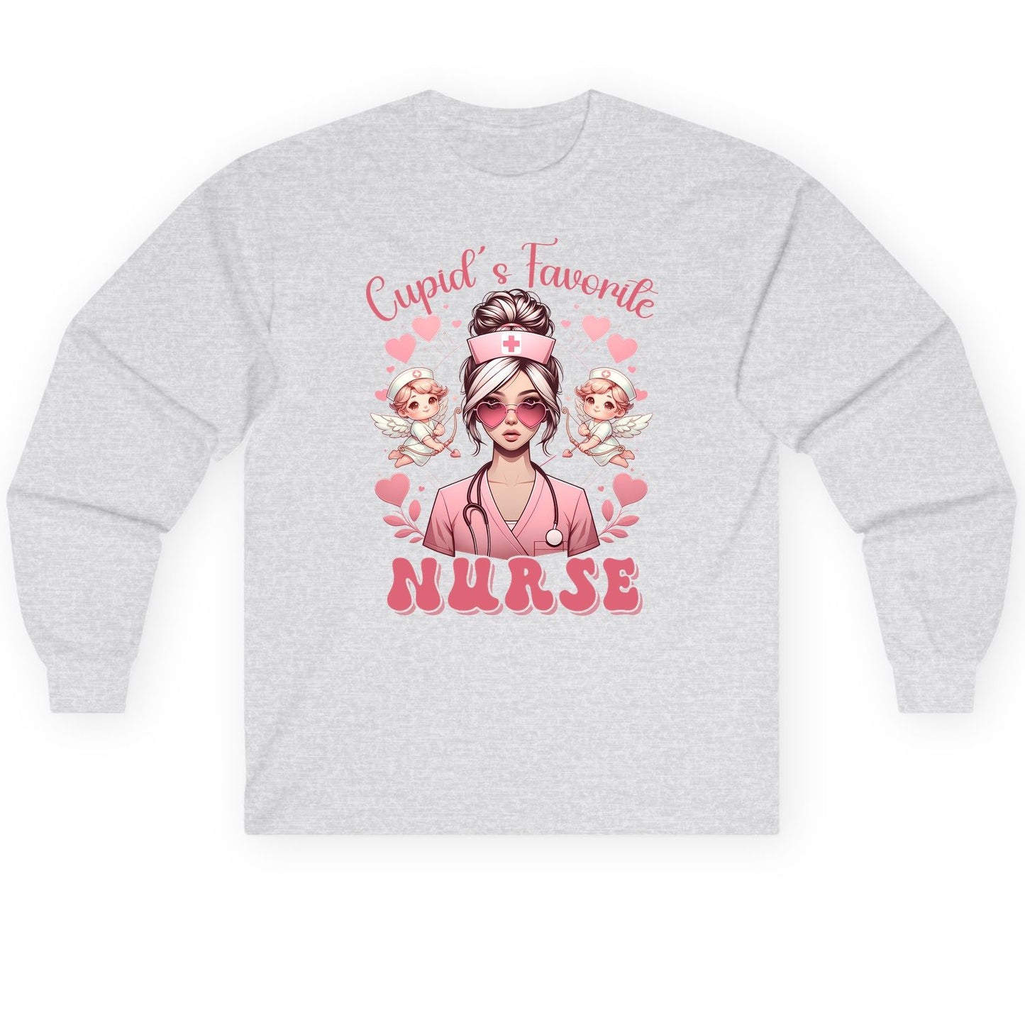 Cupid's Favorite Nurse nurse Long Sleeve Tee Ash product mockup