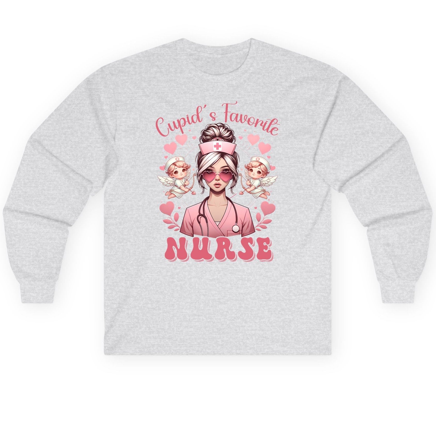 Cupid's Favorite Nurse nurse Long Sleeve Tee Ash product mockup