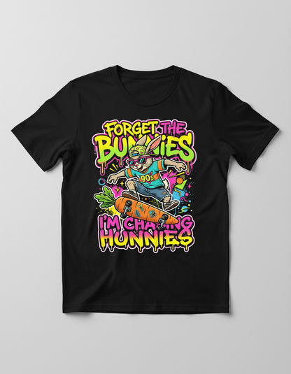 Funny 90s Skater Rabbit Chasing Hunnies T-Shirt - Black