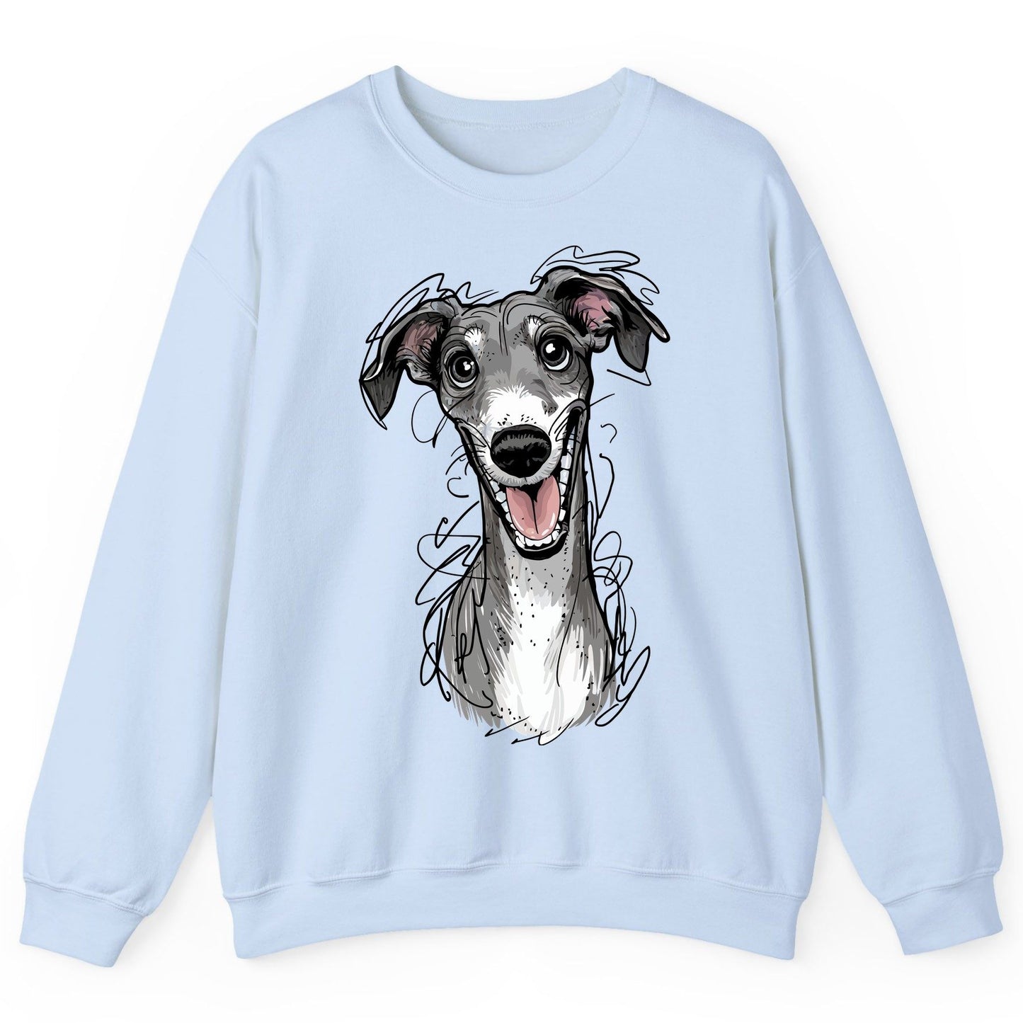 Smiling Greyhound Caricature greyhound Sweatshirt Light Blue product mockup