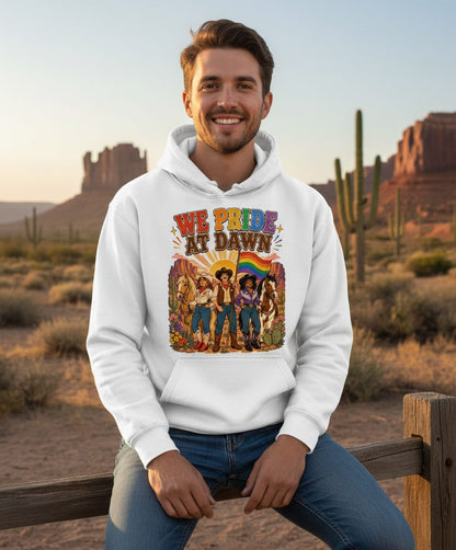 We Pride at Dawn Retro Lgbtq Hoodie - lifestyle model mockup - White