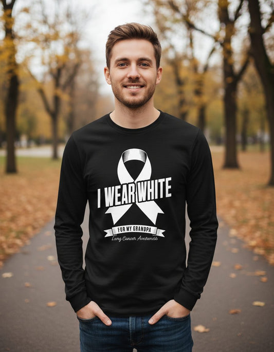 I Wear White for My Grandpa lung cancer awareness Long Sleeve Tee Black lifestyle mockup