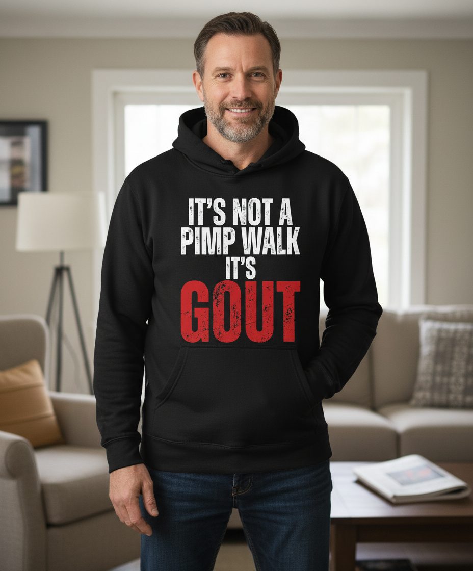It's Not a Pimp Walk It's Gout Funny People Hoodie - lifestyle model mockup - Black