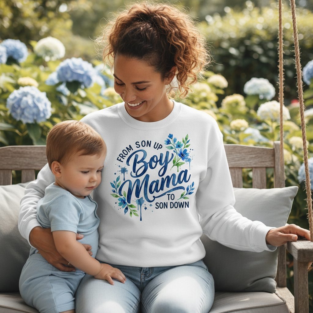 From Son Up Boy Mama to Son Down Moms Sweatshirt - lifestyle model mockup - White