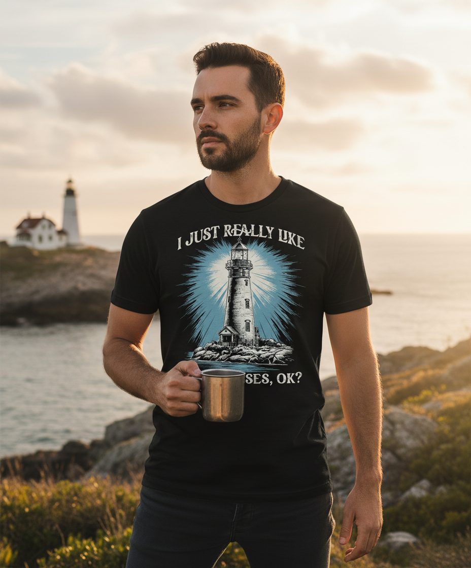 I Just Really Like Lighthouses, Ok? lighthouse T-Shirt Black lifestyle mockup