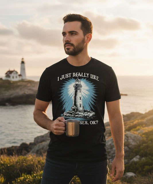 I Just Really Like Lighthouses, Ok? lighthouse T-Shirt Black lifestyle mockup