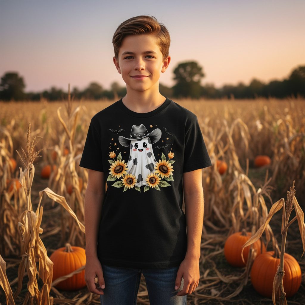 Cowboy Ghost Sunflowers cowboy ghost Youth T-Shirt Black lifestyle mockup