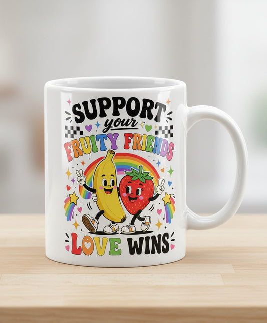 Support Your Fruity Friends Love Wins Retro Lgbtq Pride White Mug - product mockup - White