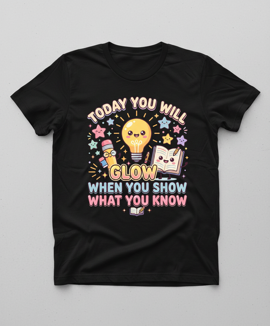 Kawaii School Characters 'Today You Will Glow' Motivational Design T-Shirt - Black