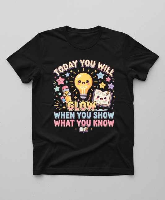 Kawaii School Characters 'Today You Will Glow' Motivational Design T-Shirt - Black