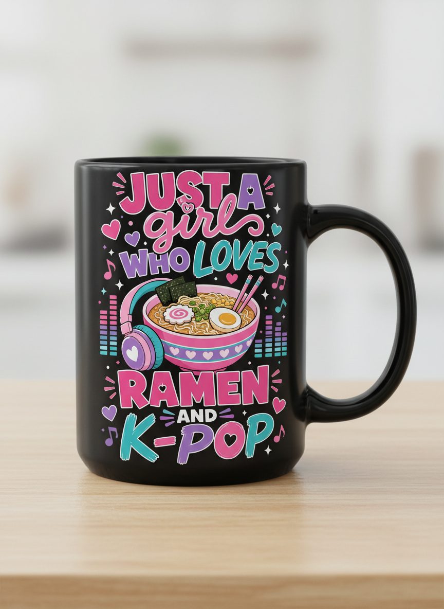 Just a Girl Who Loves Ramen and K-Pop and Ramen Black Mug - product mockup - Black