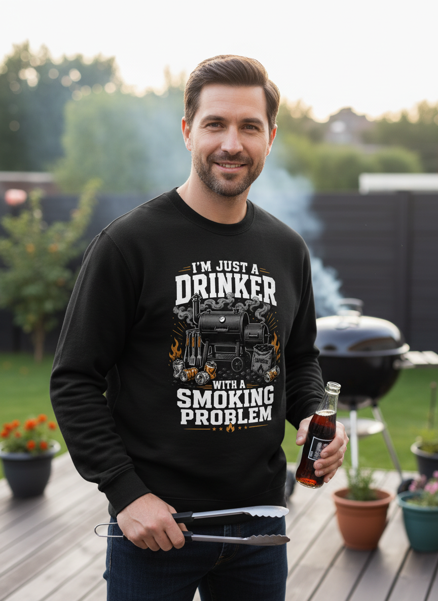 I'M JUST A DRINKER WITH A SMOKING PROBLEM Funny Drinker With A Smoking Problem BBQ Sweatshirt - lifestyle model mockup - Black