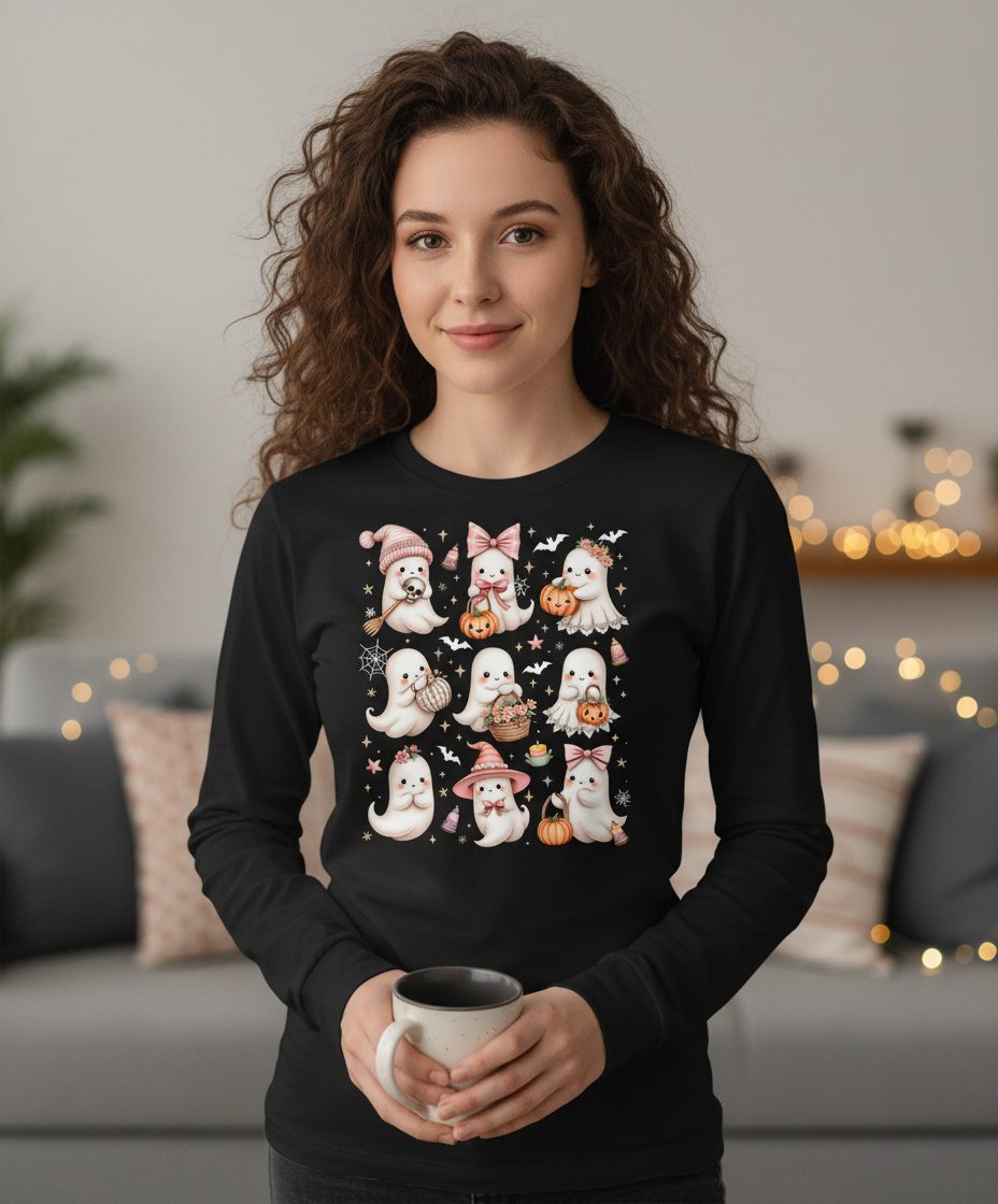 Cute Pink Halloween Ghosts cute Halloween ghosts Long Sleeve Tee Black lifestyle mockup