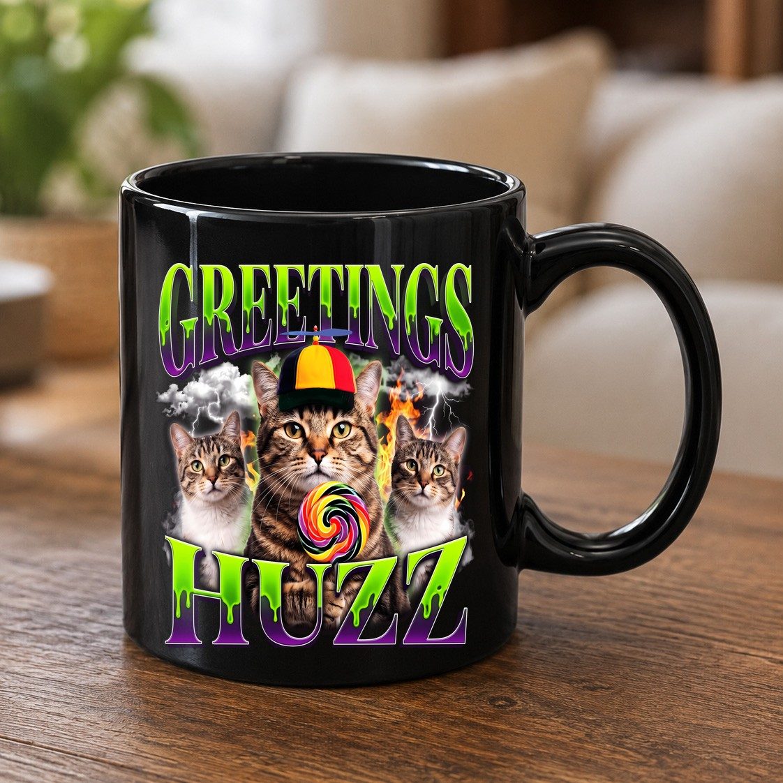 Greetings HUZZ Funny Cat Black Mug - product mockup - Black