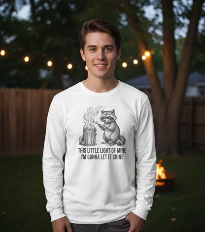 THIS LITTLE LIGHT OF MINE I'M GONNA LET IT SHINE Raccoon Long Sleeve Tee White lifestyle mockup